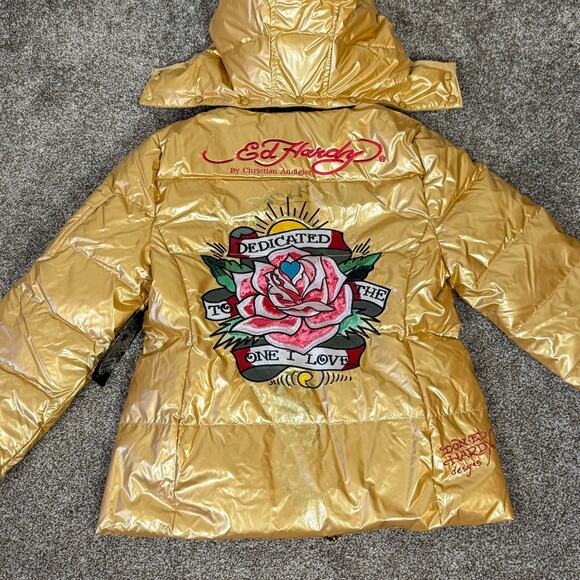 Ed Hardy NWT Size XL Y2K Gold Down Puffer Coat Embroidered Roses Skulls Hooded - Picture 3 of 16